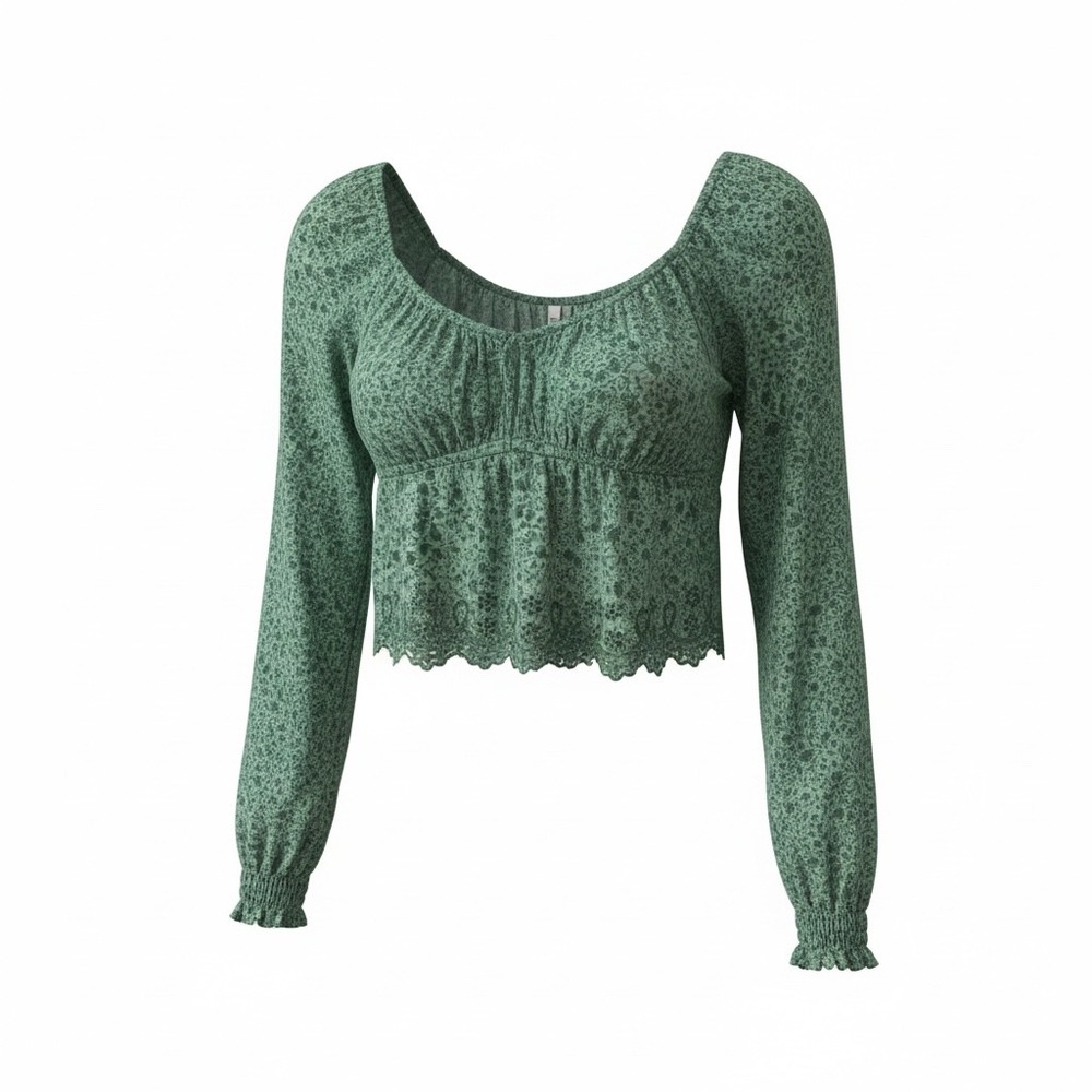 Hollister Green Floral Eyelet Hem Long Sleeve Crop Top Small Cottagecore Boho